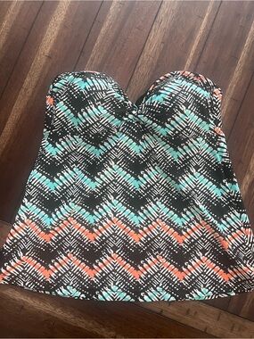 Strapless Swim Top with Coral & Teal Chevron Print